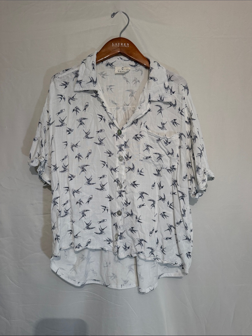 Lightweight White Bird-Print Button-Down Shirt